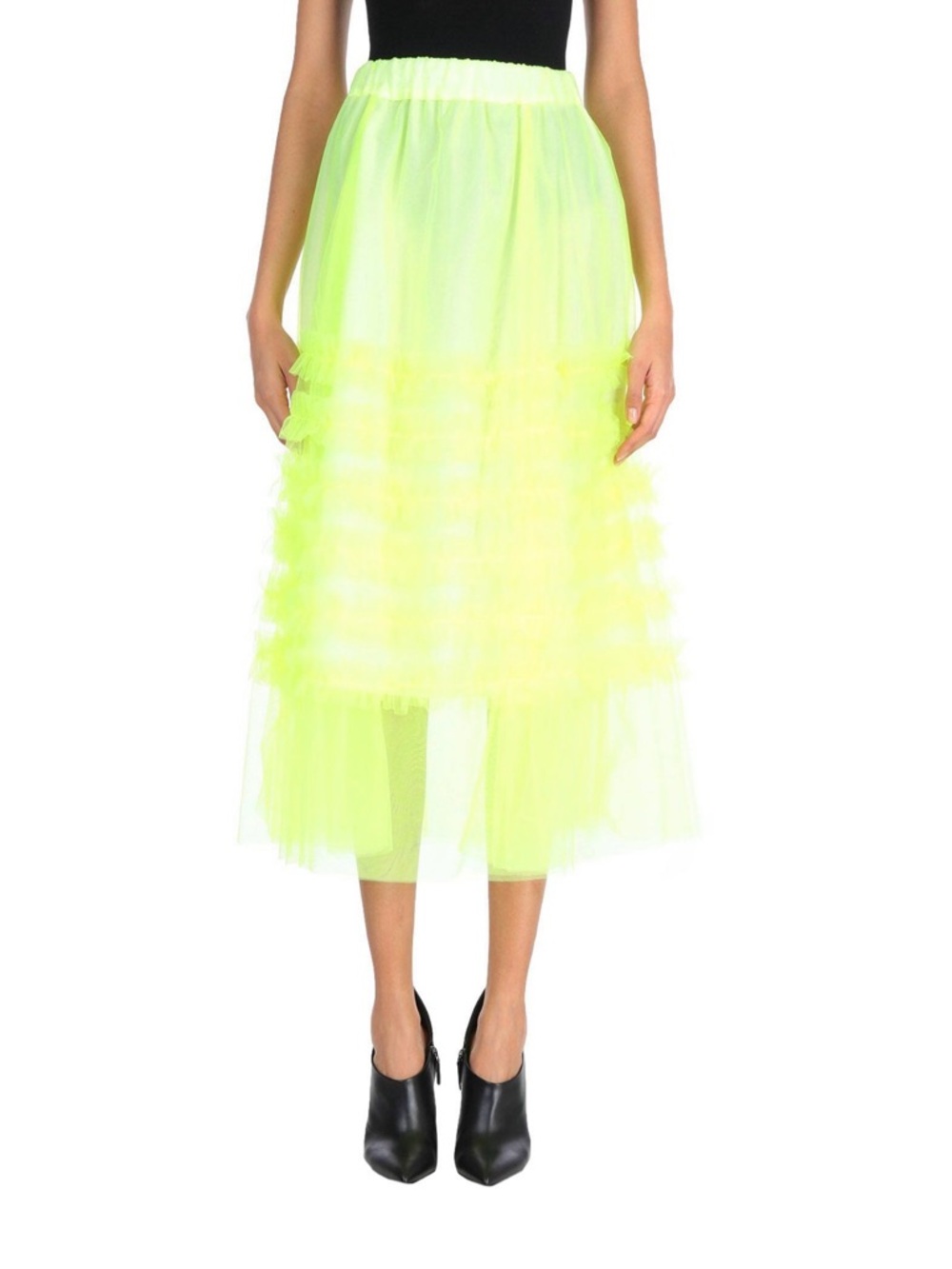 Neon Yellow Tulle Midi Skirt with Layered Ruffles